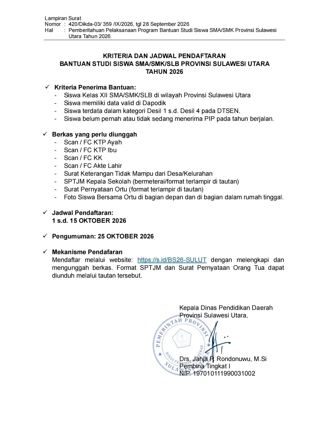 Pemprov Sulut Buka Bantuan Studi untuk Siswa Kelas XII, Ini Syarat dan Link Pendaftaran