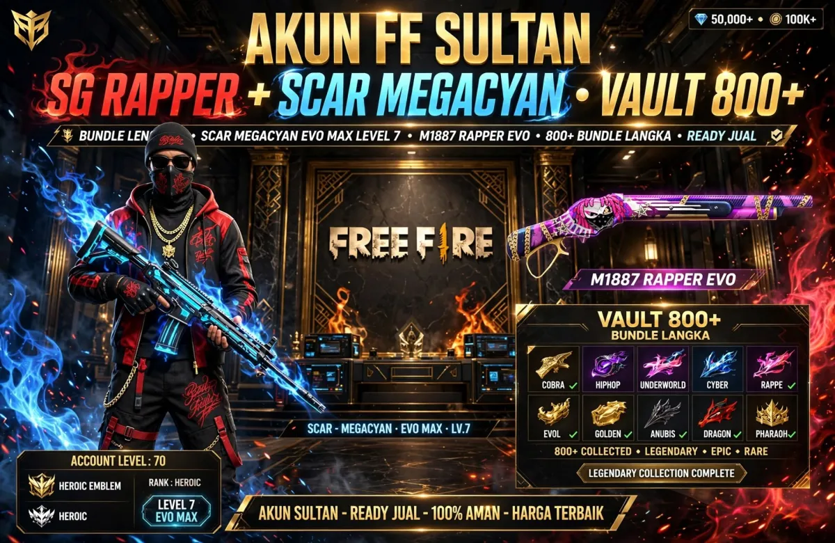 AKUN FF SULTAN FULL SENJATA SG RAPPER + SCAR MEGACYAN - VAULT 800+ - SEPTEMBER 2026